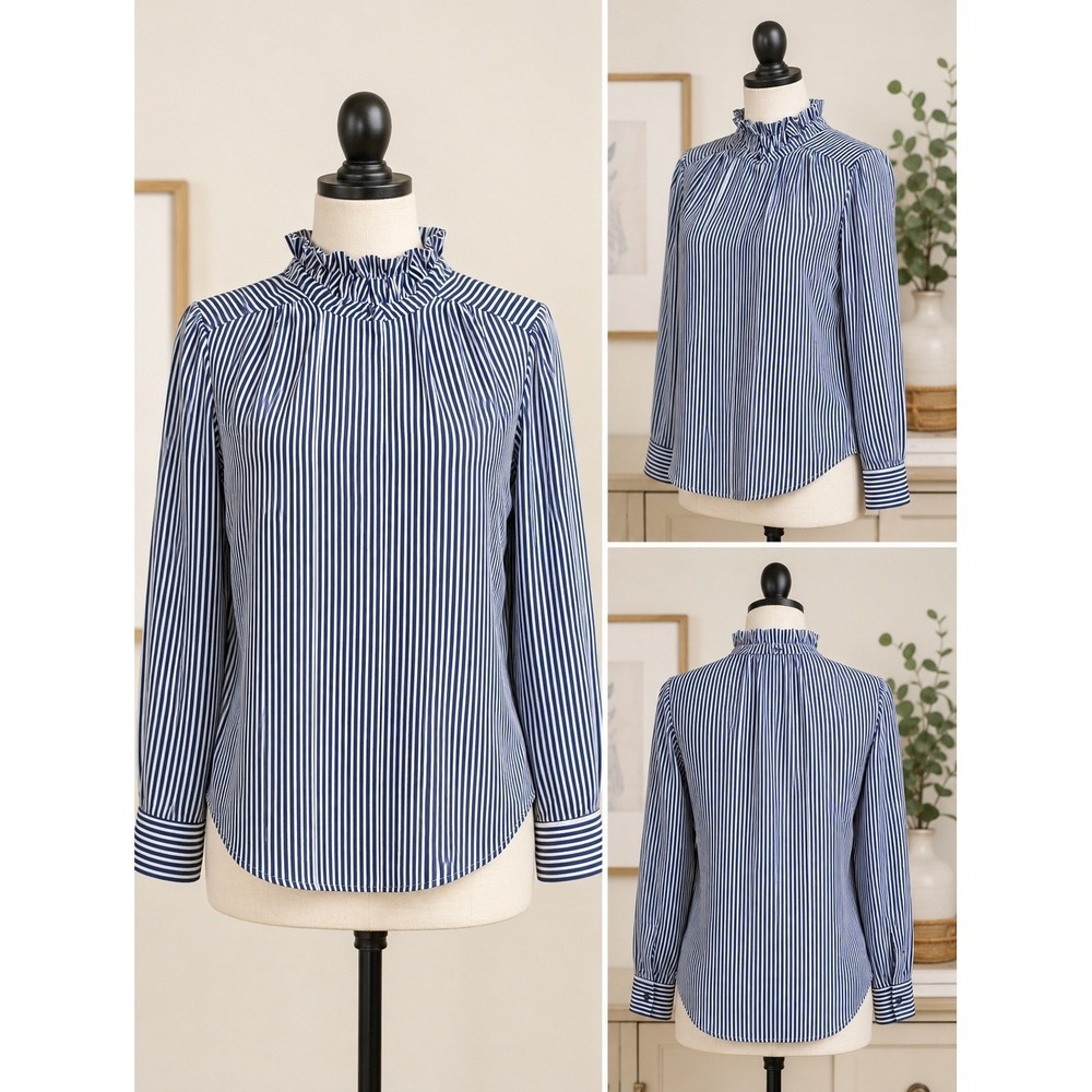 Ann Taylor navy & white striped blouse chic ruffle mock neckline XXSP